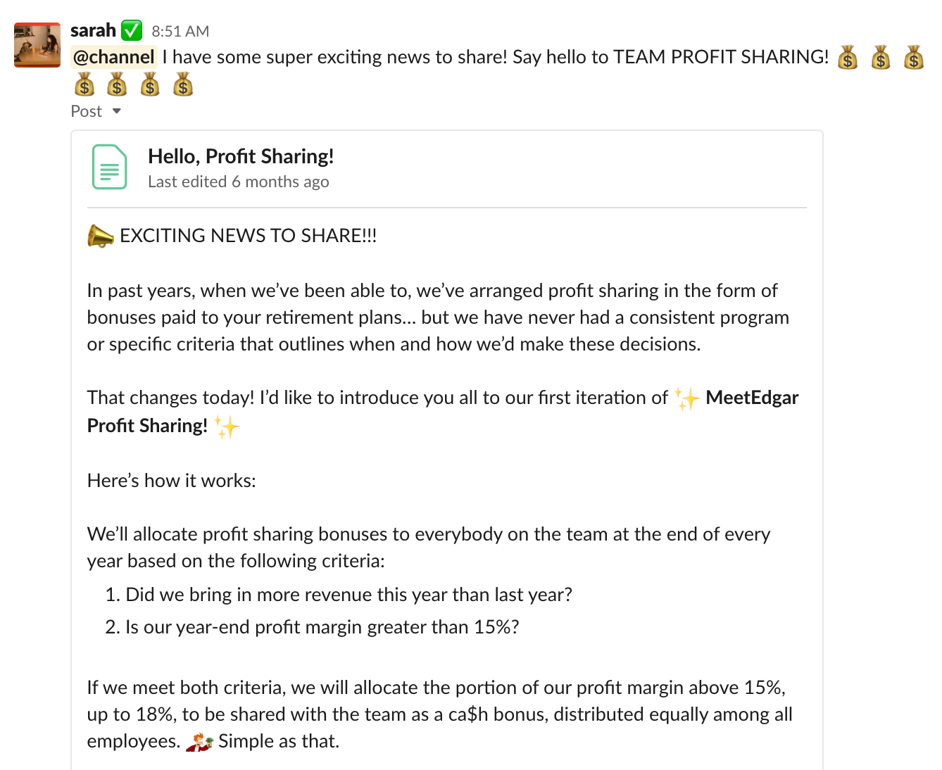 How I announced Profit Sharing to our team. So easy it fits in a Slack post.